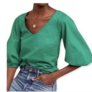 Anthropologie Green Balloon Sleeve V-Neck Top S
